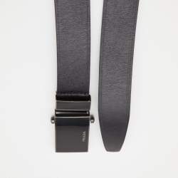 Pre Owned Prada Black Leather Logo Plague Buckle Belt 80CM
