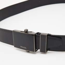 Pre Owned Prada Black Leather Logo Plague Buckle Belt 80CM