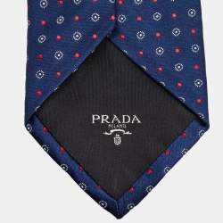 Prada Navy Blue Patterned Silk Narrow Tie