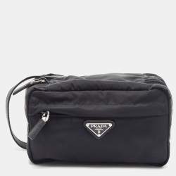 Pre Owned Prada Black Saffiano Leather and Nylon Logo Travel Pouch