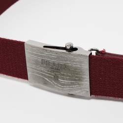 Prada Burgundy Leather and Canvas Logo Plate Buckle Belt 90CM