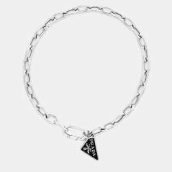 Prada Enamel Triangle Charm Chain Link Silver Bracelet