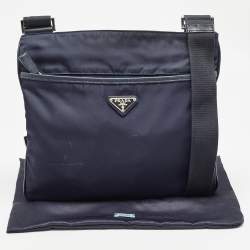 Prada Dark Blue Nylon and Leather Zip Messenger Bag