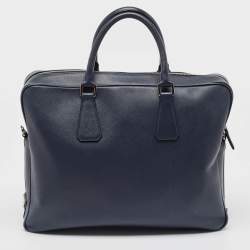 Prada Navy Blue Saffiano Leather Two Way Travel Briefcase