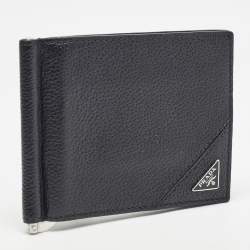 Pre Owned Prada Black Leather Money Clip Bifold Wallet