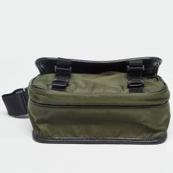 Prada Green/Black Nylon and Leather Buckle Flap Messenger Bag