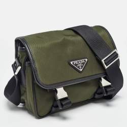 Prada Green/Black Nylon and Leather Buckle Flap Messenger Bag