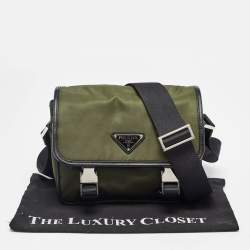 Prada Green/Black Nylon and Leather Buckle Flap Messenger Bag