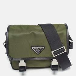Prada Green/Black Nylon and Leather Buckle Flap Messenger Bag