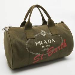 Prada Green Logo Jacquard Canvas Boston Bag