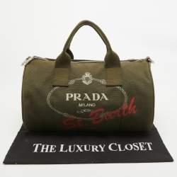 Prada Green Logo Jacquard Canvas Boston Bag