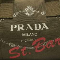 Prada Green Logo Jacquard Canvas Boston Bag