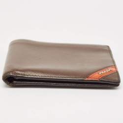 Prada Dark Brown/Orange Saffiano Metal Leather Bi Fold Wallet