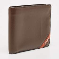 Prada Dark Brown/Orange Saffiano Metal Leather Bi Fold Wallet