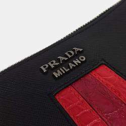 Prada Black Red Leather Saffiano Clutch Bag