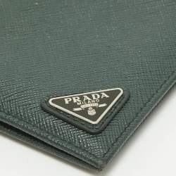 Prada Dark Green Saffiano Metal Leather Logo Bifold Wallet
