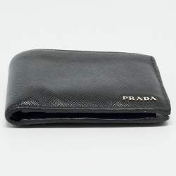 Pre Owned Prada Black Saffiano Metal Leather Logo Bifold Wallet