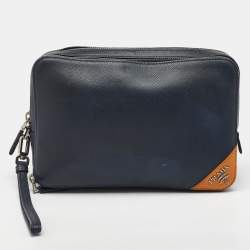 Prada Navy Blue Saffiano Leather Wristlet Pouch Clutch