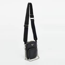 Pre Owned Prada Black Saffiano Lux Leather Phone Crossbody Bag