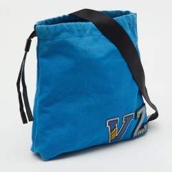 Pre Owned Prada Blue Canvas Canapa VZ Initial Drawstring Convertible Bag
