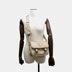 Pre Owned Prada Re-Nylon x Saffiano Beige Nylon Leather Shoulder Bag