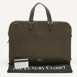Pre Owned Prada Olive Green Saffiano Lux Leather Briefcase Bag