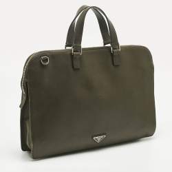 Pre Owned Prada Olive Green Saffiano Lux Leather Briefcase Bag