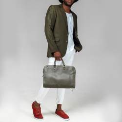 Pre Owned Prada Olive Green Saffiano Lux Leather Briefcase Bag