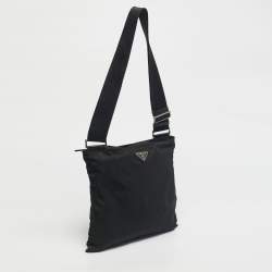 Pre Owned Prada Black Nylon Logo Zip Flat Messenger Bag