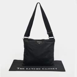 Pre Owned Prada Black Nylon Logo Zip Flat Messenger Bag
