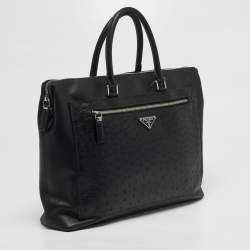 مملوكة مسبقًا Prada Black Ostrich Leather and Saffiano Leather Briefcase 