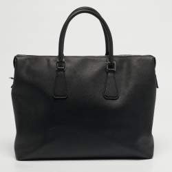 مملوكة مسبقًا Prada Black Ostrich Leather and Saffiano Leather Briefcase 
