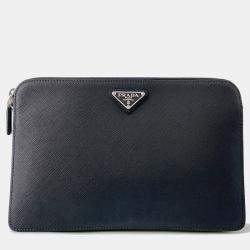 Pre Owned Prada Saffiano Leather Clutch Bag Black Leather