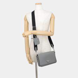 Pre Owned Prada Triangular Plate Gray Saffiano Leather Shoulder Bag