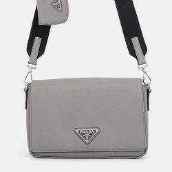 Pre Owned Prada Triangular Plate Gray Saffiano Leather Shoulder Bag
