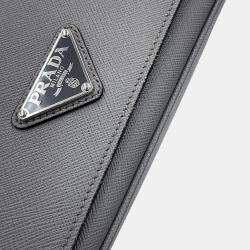 Pre Owned Prada Triangular Plate Gray Saffiano Leather Shoulder Bag