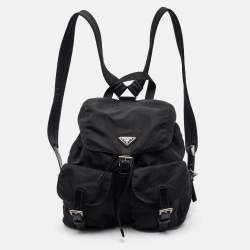 Pre Owned Prada Double Pocket Black Leather and Nylon Backpack