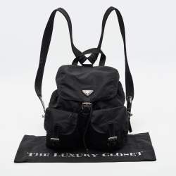 Pre Owned Prada Double Pocket Black Leather and Nylon Backpack