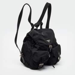 Pre Owned Prada Double Pocket Black Leather and Nylon Backpack