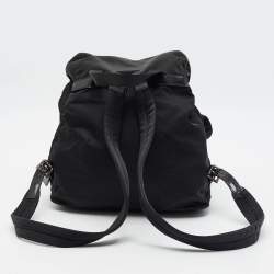 Pre Owned Prada Double Pocket Black Leather and Nylon Backpack