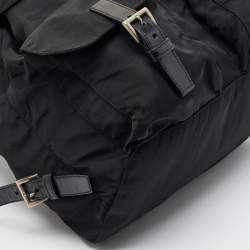 Pre Owned Prada Double Pocket Black Leather and Nylon Backpack