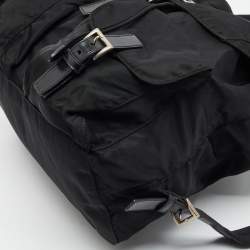 Pre Owned Prada Double Pocket Black Leather and Nylon Backpack