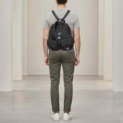 Pre Owned Prada Double Pocket Black Leather and Nylon Backpack