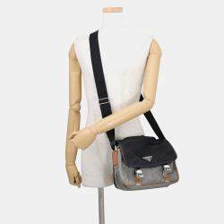 Pre Owned Prada 2VD769 Small Black Gray Brown Nylon Saffiano Leather Messenger Bag