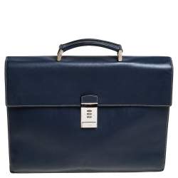 Prada Navy Blue Saffiano Cuir Leather Work  Briefcase