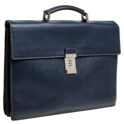 Prada Navy Blue Saffiano Cuir Leather Work  Briefcase