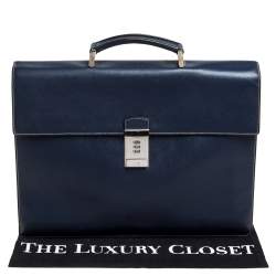 Prada Navy Blue Saffiano Cuir Leather Work  Briefcase