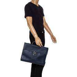 Prada Navy Blue Saffiano Cuir Leather Work  Briefcase