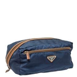 Prada Navy Blue/Brown Tessuto Nylon Wash Bag