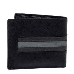 Prada Black/Grey Saffiano Leather Stripe Bi-Fold Wallet 